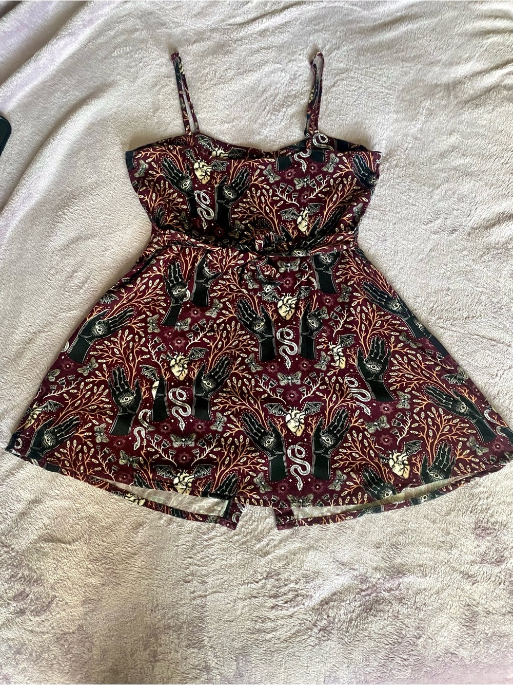 Disturbia Burgundy Occult Print Button Front Mini Dress Witchy Gothic - Picture 4 of 11